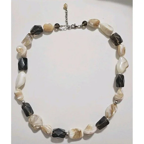 Vintage Sterling Silver 925 Onyx Mother Of Pearl Beaded Necklace - Picture 2 of 6